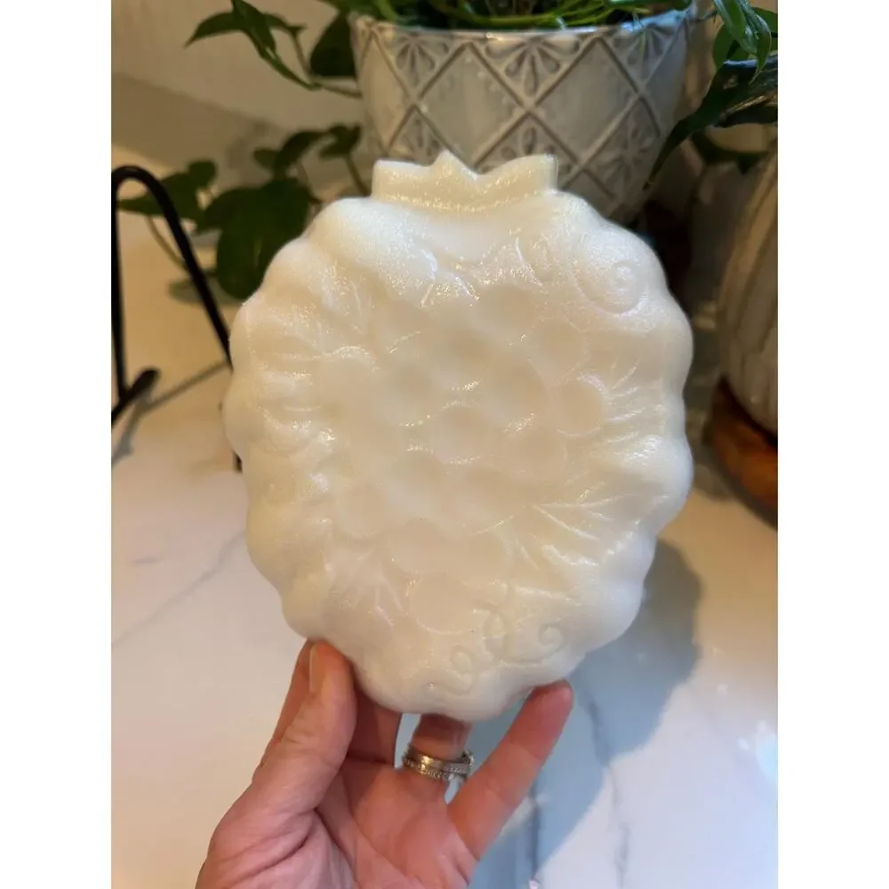 Vintage Hazel-Atlas Milk Glass Grapevine Vanity Plate, 1940s-50s Embossed Decor